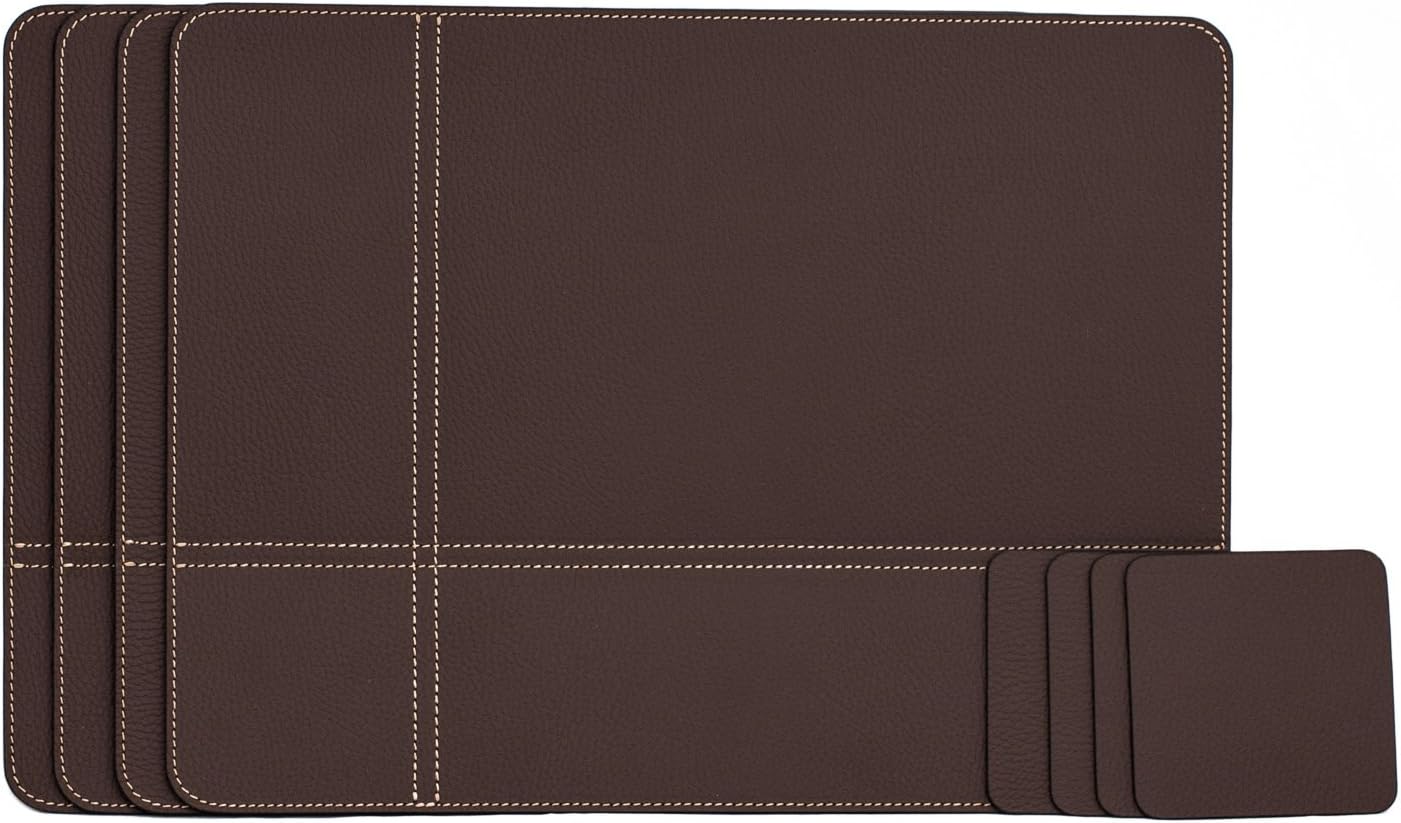 Nikalaz Set of Brown Placemats and Coasters, 4 Table Mats and 4 Coasters, Place Mats 15.7 x 11.8 inches and Coasters 3.9 x 3.9 inches, Recycled Leather, Dining Table Set