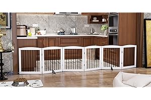 PUPETPO Freestanding Pet Gate for Dogs, Foldable Wooden Dog Gate for House, Extra Wide Indoor Pet Barrier for Stair, Doorway, Hall, Support Feet Included, 120 Inch Wide, 6 Panels 24", White