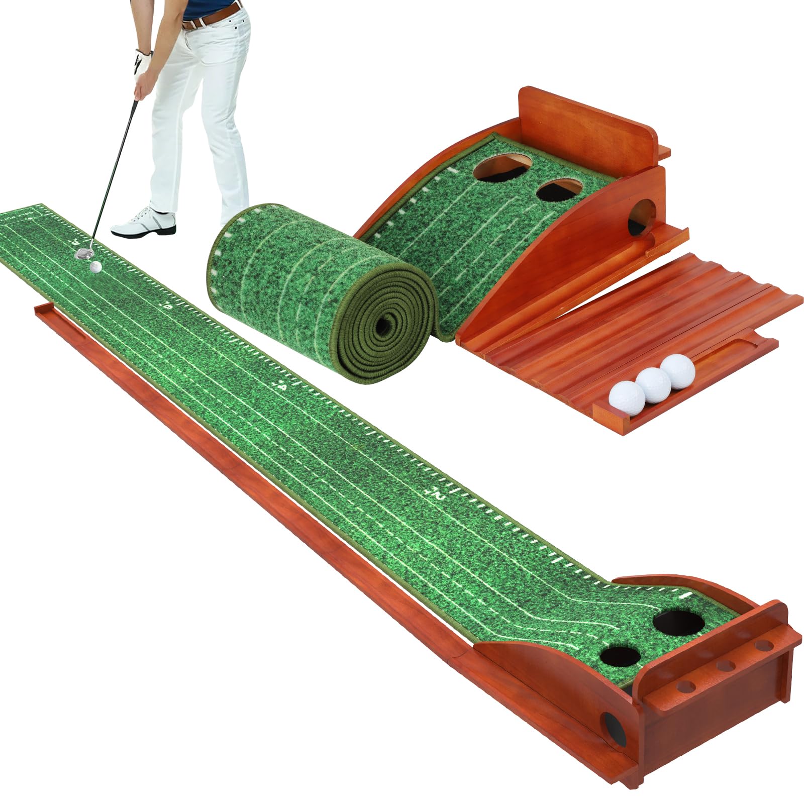 Photo 1 of Putting Green Indoor Outdoor Golf Putting Mat with Automatic Ball Return, 9.84FT Golf Practice Mat with 3 Golf Ball, Putter Ball Golf Game Gifts for Home, Office, or Backyard