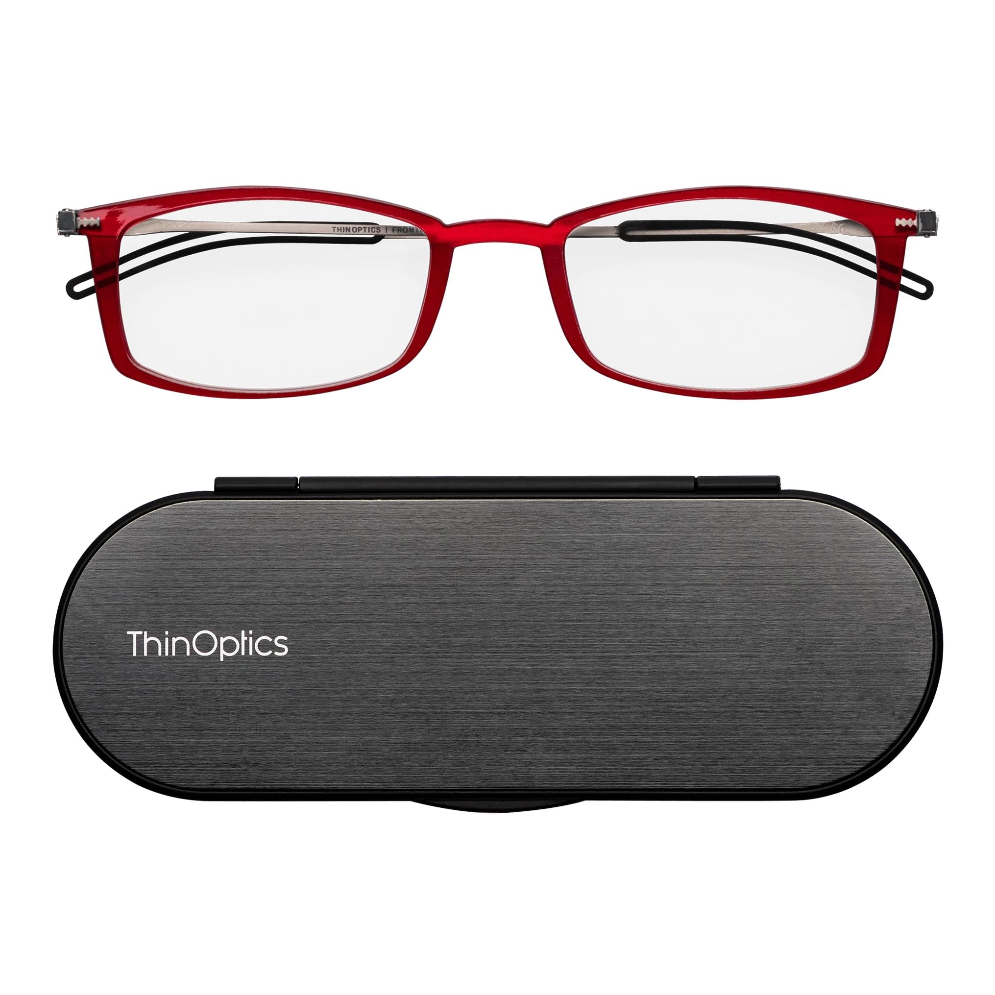 ThinOptics Brooklyn Reading Glasses 1.50 Rectangular Red Frames With Milano Magnetic Case - Thin Lightweight Compact Readers 1.50 Strength — image 1