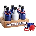 Ring Toss Bottle Carnival Game, 6 Plastic Bottles Targets and 24 Throw Rings, and a Wooden Base Box, Great for all Occasions and Events, Summer Backyard Fun, Holidays, Beach, Party Activities