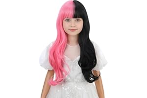 Ufindcos Pink and Black Wig for Kids Girls Two Tone Wig Child Long Wavy Curly Synthetic Wigs with Bangs