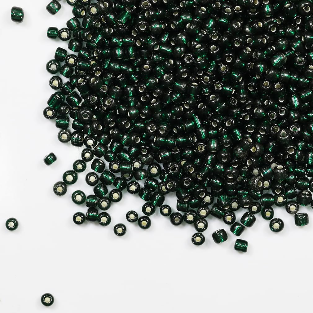 Tibaoffy Transparent Dark Green with Silver Lined Beads Size 6/0 Crafts Glass Seed Beads 4mm for Jewelry Making (Total About 100g About 1200pcs)