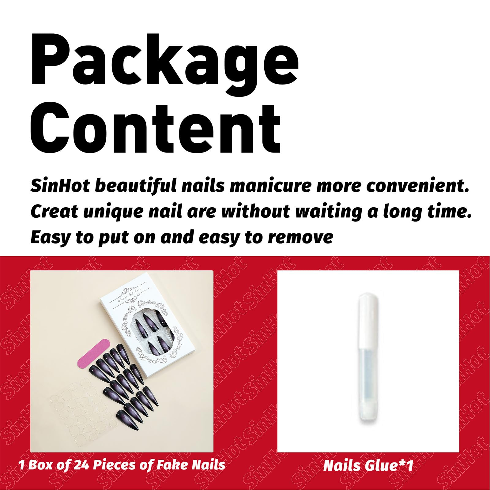 SINHOT Press on Nails Long Stiletto Fake Nails Glossy Glue on Nails Goth Black Acrylic Nails Sharp Almond Artificial Nails Purple Ombre Aura Stick on False Nails with Design 24 pcs - Image 4