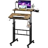 Klvied Rolling Mobile Desk with Cup Holder, Portable, Adjustable Height Small Stand up Desk on Wheels for Home Office Laptop Cart, Computer, Standing or Sitting,Oak