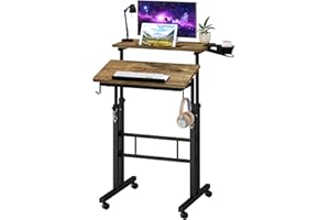 Klvied Rolling Mobile Desk with Cup Holder, Portable, Adjustable Height Small Stand up Desk on Wheels for Home Office Laptop Cart, Computer, Standing or Sitting,Oak