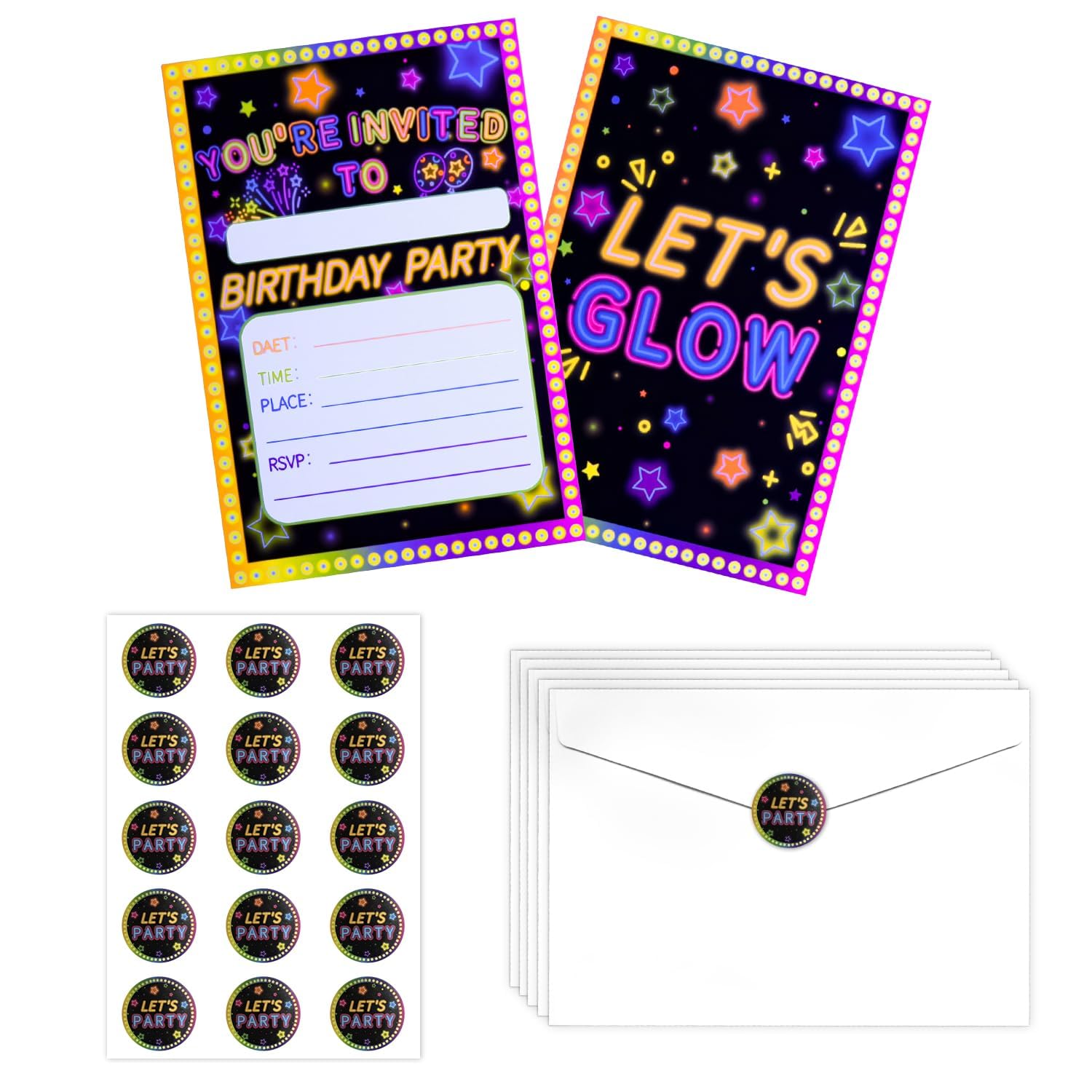 20Pcs Glow Party Invitations Sets with Envelopes Let’s Glow Neon Favors Birthday Invitation Cards for Kids Birthday Party Supplies, 6.7x4.7 Inch