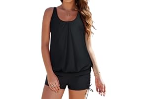 Women's Swimsuit Tankini Set Square Cut Tummy Control Slimming Two Piece Swim Suit with High-Waisted Shorts