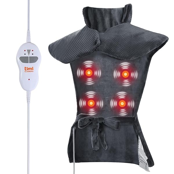 TIMICALDA HEATING PAD FOR NECK – WEARABLE ELECTRIC HEATING PADS FOR BACK, SHOULDER AND WAIST, LARGE HEAT PAD WITH 4 MASSAGE MODES & 2 HEAT LEVELS, 24″X35″, 4 MOTOR, GRAY