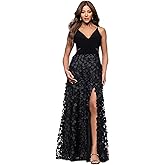 Xscape Womens Betsy & Adam Women's Sheer Matte Jersey and Lace V-Neck Elbow Length Embellished Ruffle Floor Length Dress
