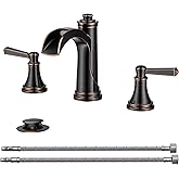 FORIOUS Oil Rubbed Bronze Bathroom Faucet 3 Hole or 8 Inch Widespread Tap, 2 Handle Brass Waterfall Faucet for Bathroom Sink 3 Hole with Mteal Pop-up Drain and CUPC Supply Line, for 6-12” ORB Vanity
