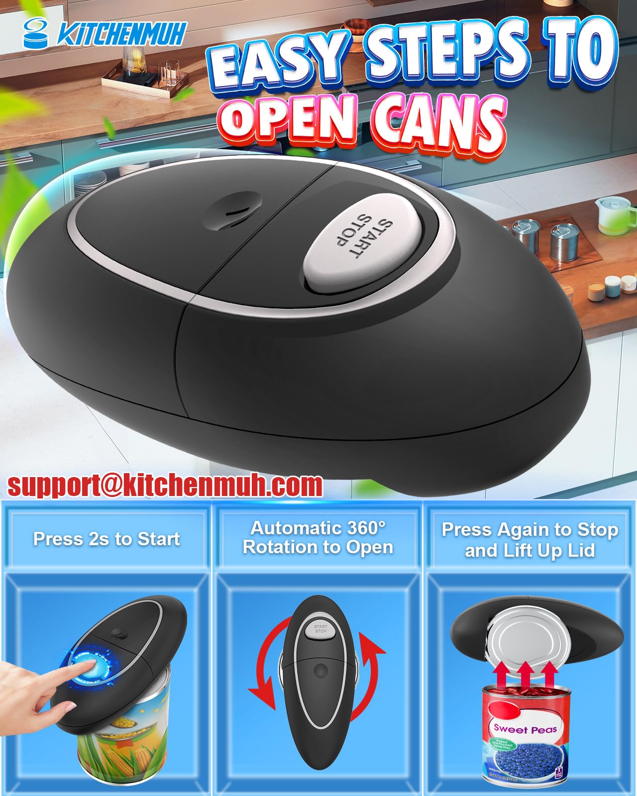 One Touch Electric Can Opener Fits Almost All Can Sizes for Seniors with Arthritis, Hand Held Battery Operated Can Opener with Smooth Edge, Food Safe Kitchen Gadgets Automatic Can Opener for Kitchen
