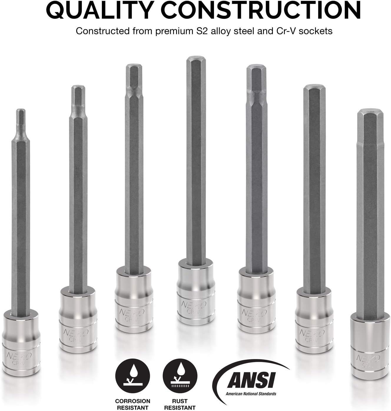 Neiko 10076A 3/8” Drive Extra Long Allen Hex Bit Socket Set, Metric, 3mm to 10mm | 7-Piece Set, S2 and Cr-V Steel - Allen Socket Set - 