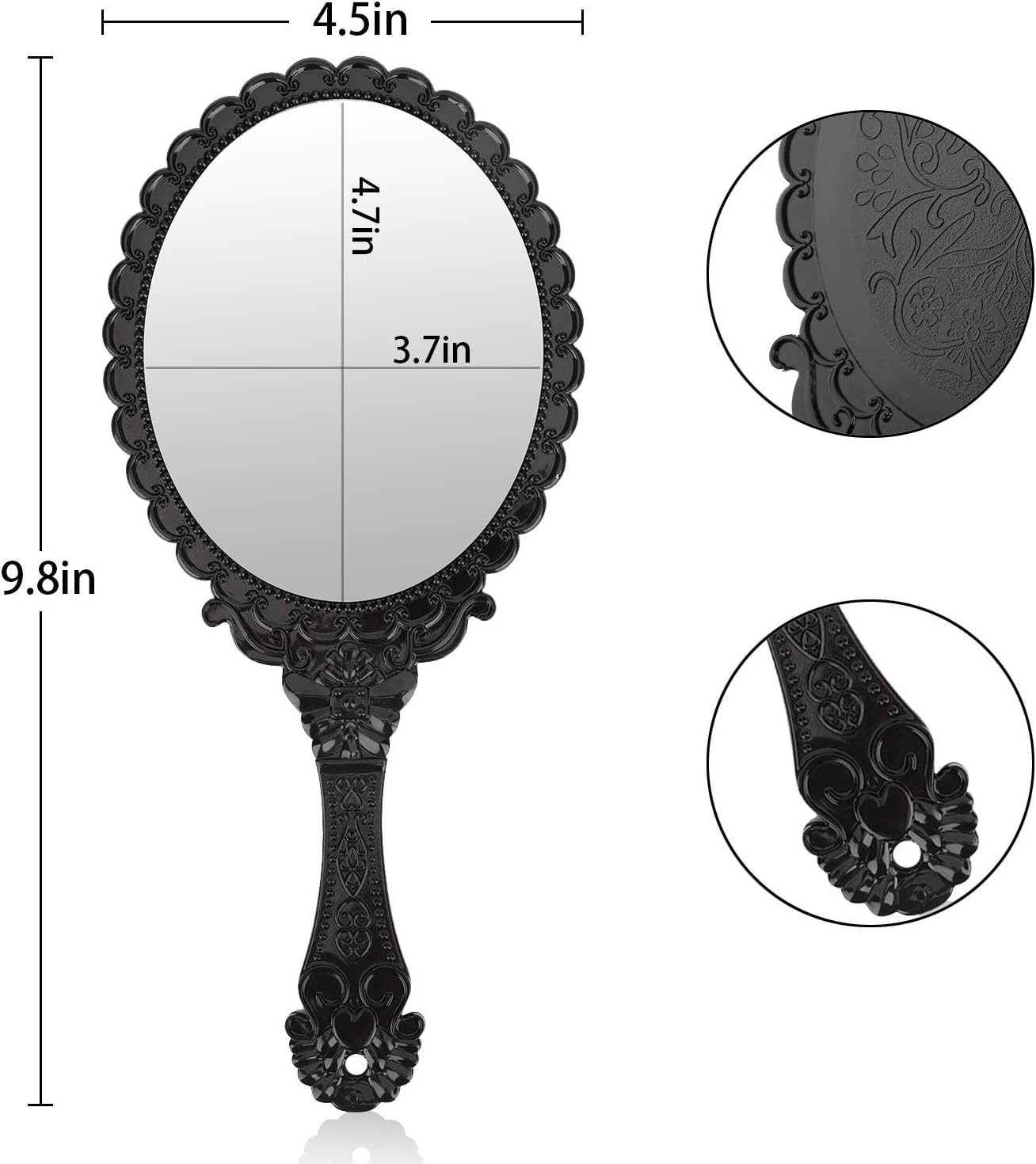Yusong Vintage Handheld Mirror, Small Hand Held Decorative Mirrors for Face Makeup Embossed Flower Portable Antique Travel Personal Cosmetic Mirror with Powder Puff (Black): Furniture & Decor