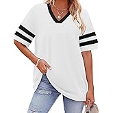 Womens Summer Tops Casual Loose Color Block Short Sleeve V Neck T Shirts Fashion Clothing 2026