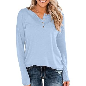 Long Sleeve Shirts for Women V Neck Button Up T Shirt Casual Loose Tops Solid Color Henley Tee Fall Base Layer Top