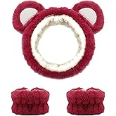 JazSwirl Face Wash Headband and Wristband Set, 3 Pcs Skincare Headbands and Wristband Set 1 Face Wash Headband 2 Face Wash Wristbands, Cute Animal Ears Plush Headbands for Washing Face (Red Bear, 1)