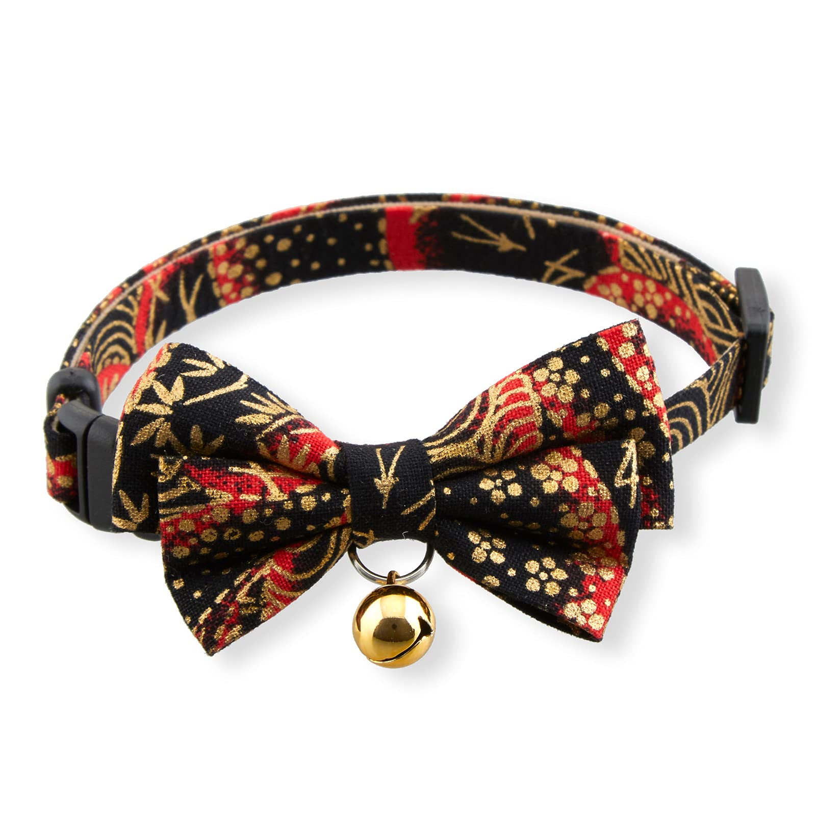 Gilded Gold Bow Tie Cat Collar (Black) with Bell Safety Breakaway Soft Lightweight for Cats Kitty Kitten Japanese Stylish Pattern, No.1 Seller in Japan