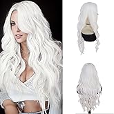 GNIMEGIL 30 Inch Long White Curly Wigs For Women Cosplay Wavy Heat Resistant Synthetic Fiber Middle Part Natural Silky Storm Wig For Halloween Costume