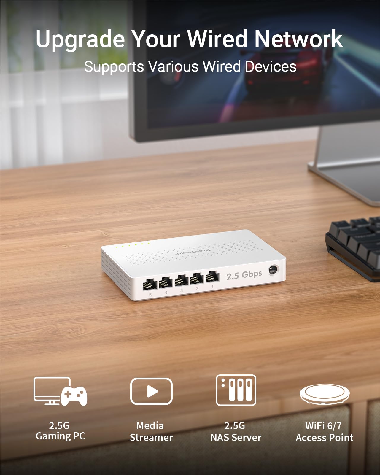 BrosTrend 5-Ports 2.5G LAN Switch, 2.5 Gbit/s Unmanaged Ethernet Netzwerk Switch für Gaming-PC NAS Server, Gigabit Switch LAN Splitter (Plug-and-Play, Lüfterlos, Desktop/Wandmontage, Lifetime-Schutz) 3