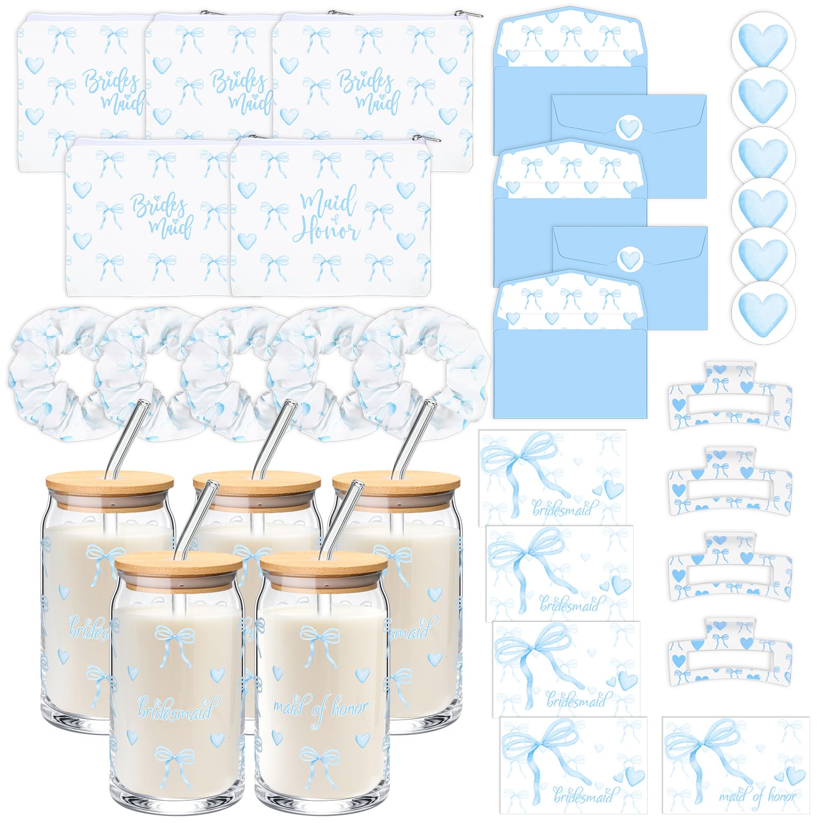 Photo 1 of **SEE PHOTOS**Bridesmaid Proposal GIFTS Blue Bow Cosmetic Bag Scrunchies Hair Clips Will You Be My Bridesmaid Card Envelope Sticker Something Blue Gift for Bride Shower Wedding Maid of Honor