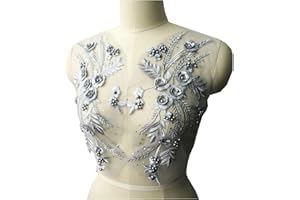 MUMAYA Lace Fabric 3D Flower Patches Tassel Beads Rhinestone Embroidered Wedding Gown Appliques Sew Patch for Dress DIY Decor 2 Pcs (Gray)