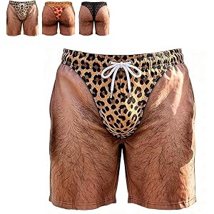 The Cheeky Commando Novelty Prank Swim Trunks - 3D Hairy Legs Swim Trunks | Funny Men's Leopard Print Fake Briefs Beach Short