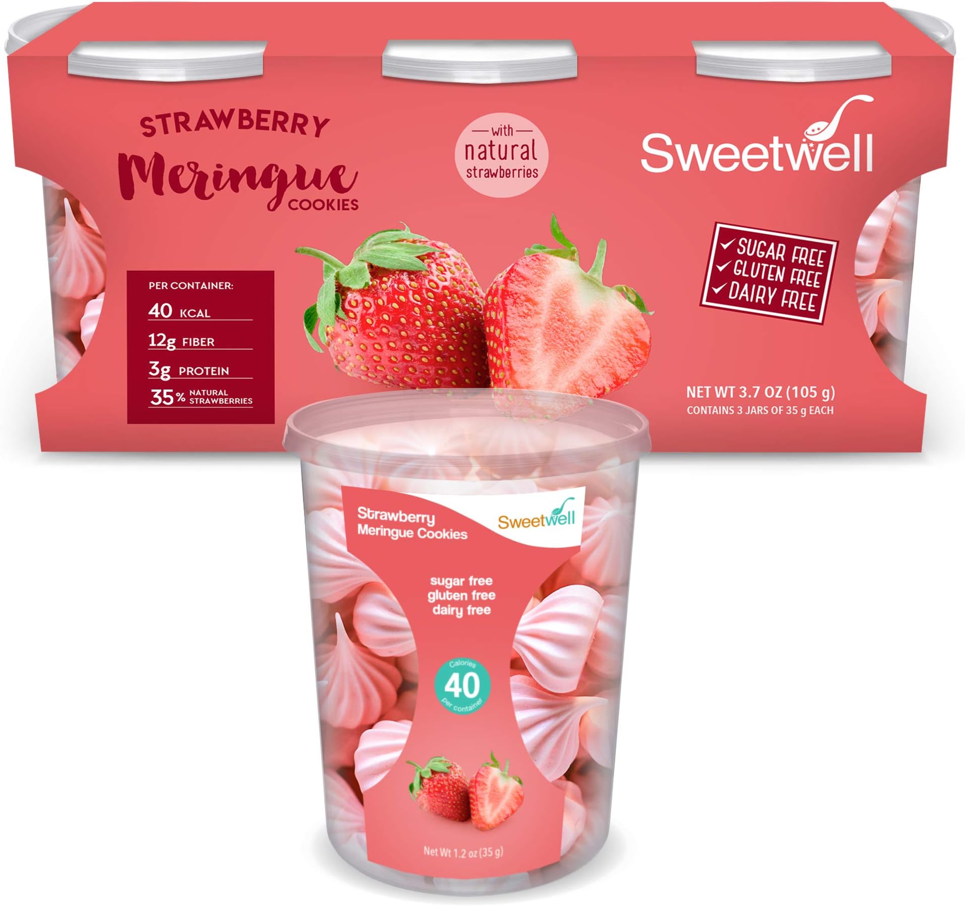 Sweetwell - Sugar Free - Gluten Free - Fat Free - Dairy Free - Superior Taste Healthy Snacks with Low Glycemic Index - Meringues - 1.23 oz - Pack of 3 (Strawberry)