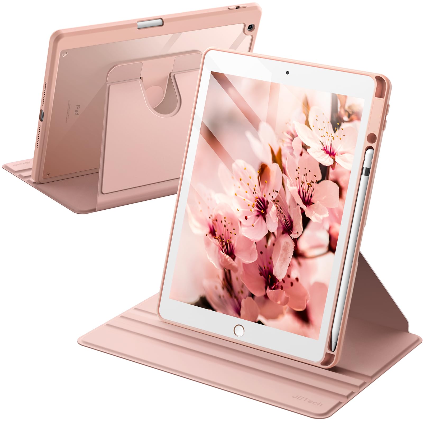 JETech Rotating Case for iPad 9/8/7 (10.2-Inch, 2021/2020/2019 Model, 9th/8th/7th Generation) with Pencil Holder, 360 Degree Rotation Stand Cover Clear Back, Auto Wake/Sleep (Rose Gold)