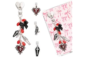 TAKEALOOKO 4PCS Gothic Skeleton Charms for Kindle - Sliver Red Cross Heart Chains with Type C Dust Plug, Stylish Charm for Readers Book Lovers, Compatible for E-Reader Phones Paper White