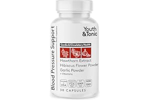 Youth & Tonic Natural Blood Pressure Support Supplement w/Hawthorn Hibiscus & High Potency Diuretic Herbs & Vitamins for Water Retention | 30 BP Capsules to Maintain a Good Health | Women & Men