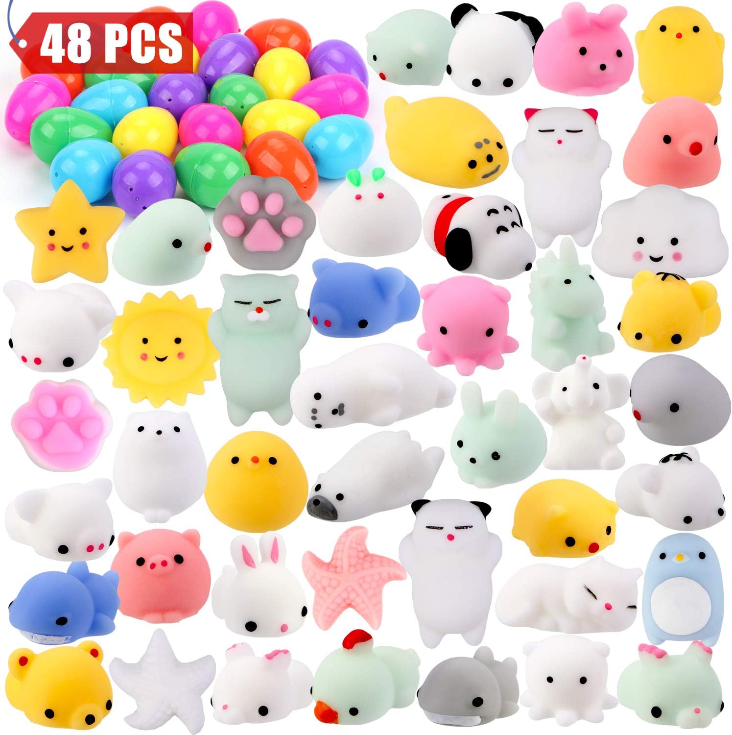 Sizonjoy 48 Pack Mochi Squishy Toys Filled Easter Eggs, Mini Soft Animal Squishies Stress Relief Toys for Basket Fillers,School Classroom Prizes