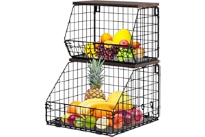 2-Tier Fruit Basket Stackable Wire Storage Basket with Wood Top Kitchen Counter Organizer Black Metal Kitchen Counter Organiz