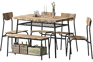 STHOUYN 6 Piece Dining Table Set, Kitchen Table and Chairs for 6, Dining Room Dinner Table Set w/Storage Rack for Home, Apt, 4 Chairs, Bench, Small Space (Retro Brown (6 Piece))