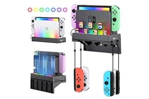 Wolibear RGB Wall Mount for Nintendo Switch/OLED, Switch Stand Holder with 7 Game Card Slots, 7 Light Modes and 4 Joy Con Hoo