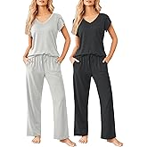 Ekouaer 2 Pack Womens Pajamas Short Sleeve Sleepwear Top with Pants Super-Soft Printed Lounge Sets S-XXL