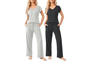 Ekouaer 2 Pack Womens Pajamas Short Sleeve Sleepwear Top with Pants Super-Soft Printed Lounge Sets S-XXL