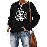 Ykomow Happy Easter Sweatshirt Women Long Sleeve Cute Bunny Rabbit Graphic Tees Pullover