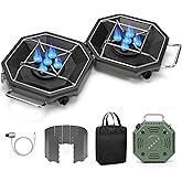Camping Stove Propane Two Burner, 34000BTU Foldable Camp Stove Gas Propane Burners for Outdoor Cooking, Portable Stoves Gas Burners with Windsheild, Carrying Bag, Grates, Regulator