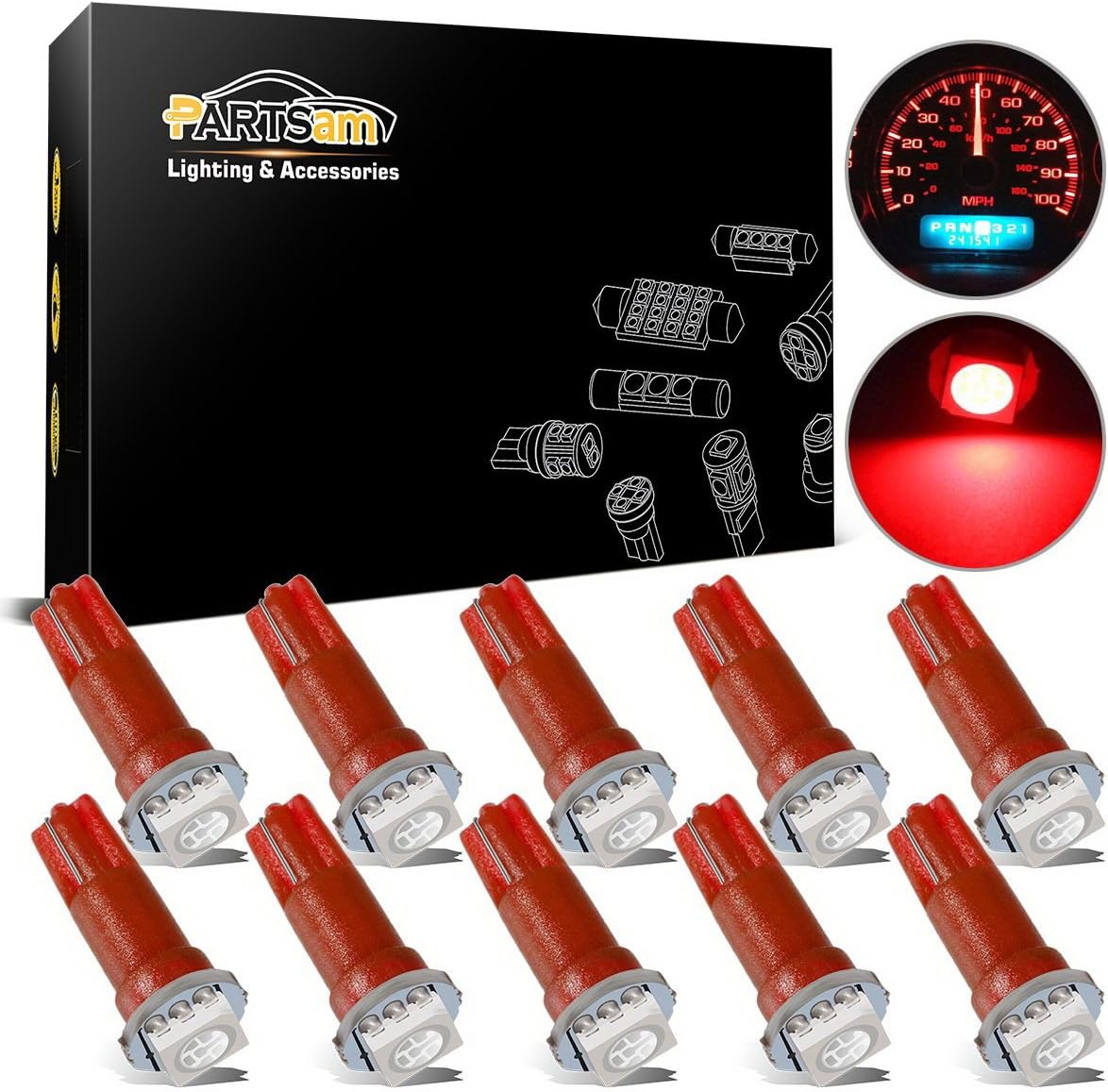 Partsam 10x Red T5 1 SMD 5050 Dashboard Wedge Car LED Light Bulb Lamp 37 73 74 79 Replacement for Honda Civic del Sol 1993-1997