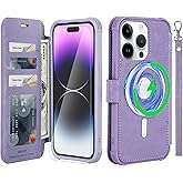 VANAVAGY Compatible for iPhone 14 Pro Max Wallet Case for Magsafe Wireless Charging, PU Leather Flip Folio Case with Wrist Strap RFID Blocking Card Holder Screen Protector,Clove Purple