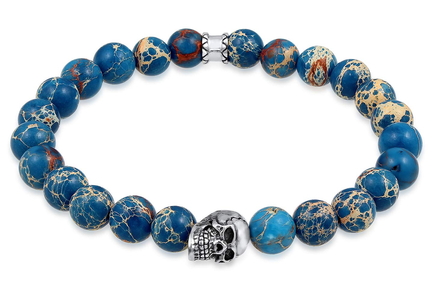 Kuzzoi Buddha 0205930619 Men's Bracelet with Blue Agate Gemstone Beads and Skull in 925 Sterling Silver Pendant, Yoga Bracelet, Energy Bracelet, Length 19-23 cm, Elastic,, 23 centimeters, Agate, Agate