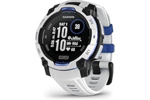 Garmin Instinct® 3 – 45 mm, Solar, Rugged Outdoor GPS Smartwatch, Built-in Flashlight, Supernova Collection Limited Edition Color, Whitestone with Whitestone/Bolt Blue Silicone Band
