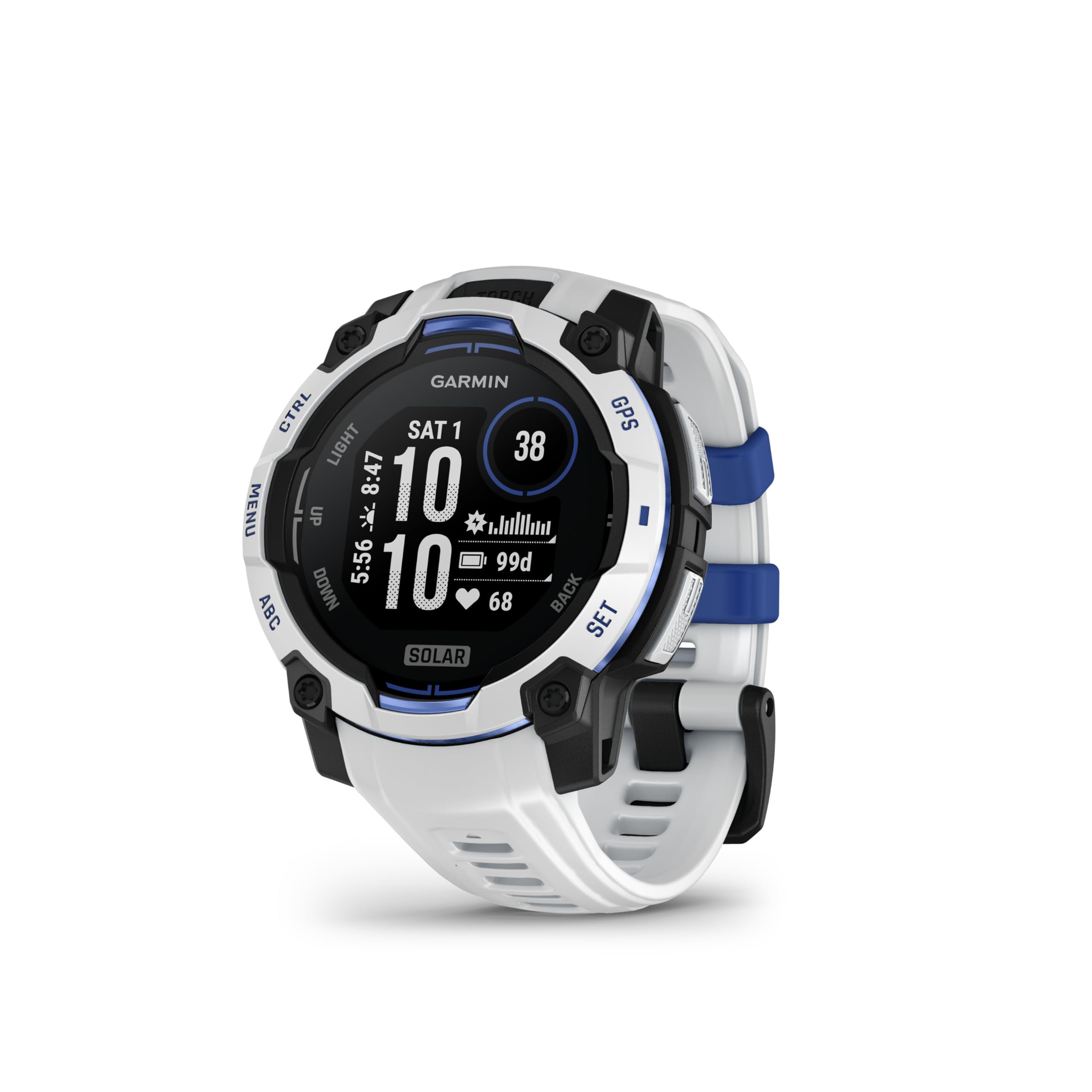 Garmin Instinct® 3 – 45 mm, Solar, Rugged Outdoor GPS Smartwatch, Built-in Flashlight, Supernova Collection Limited Edition Color, Whitestone with Whitestone/Bolt Blue Silicone Band Image
