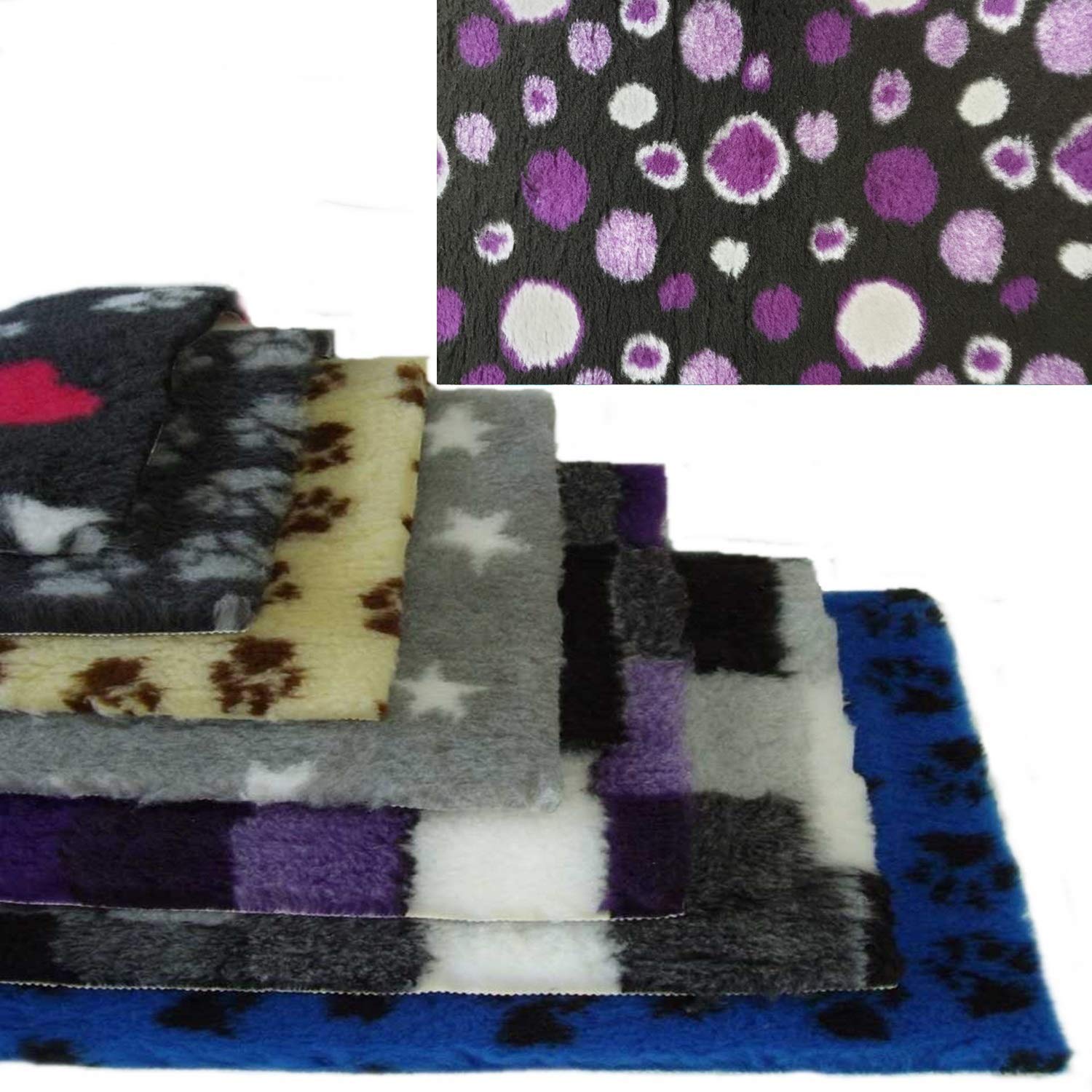 PnH Veterinary Bedding ® NON SLIP - Ribbed Rubber Backing Rectangle,100cm x 50cm - Many Different Designs and Colours - READY TO USE, SELVAGE EDGE REMOVED. (Black with Purple Circles)
