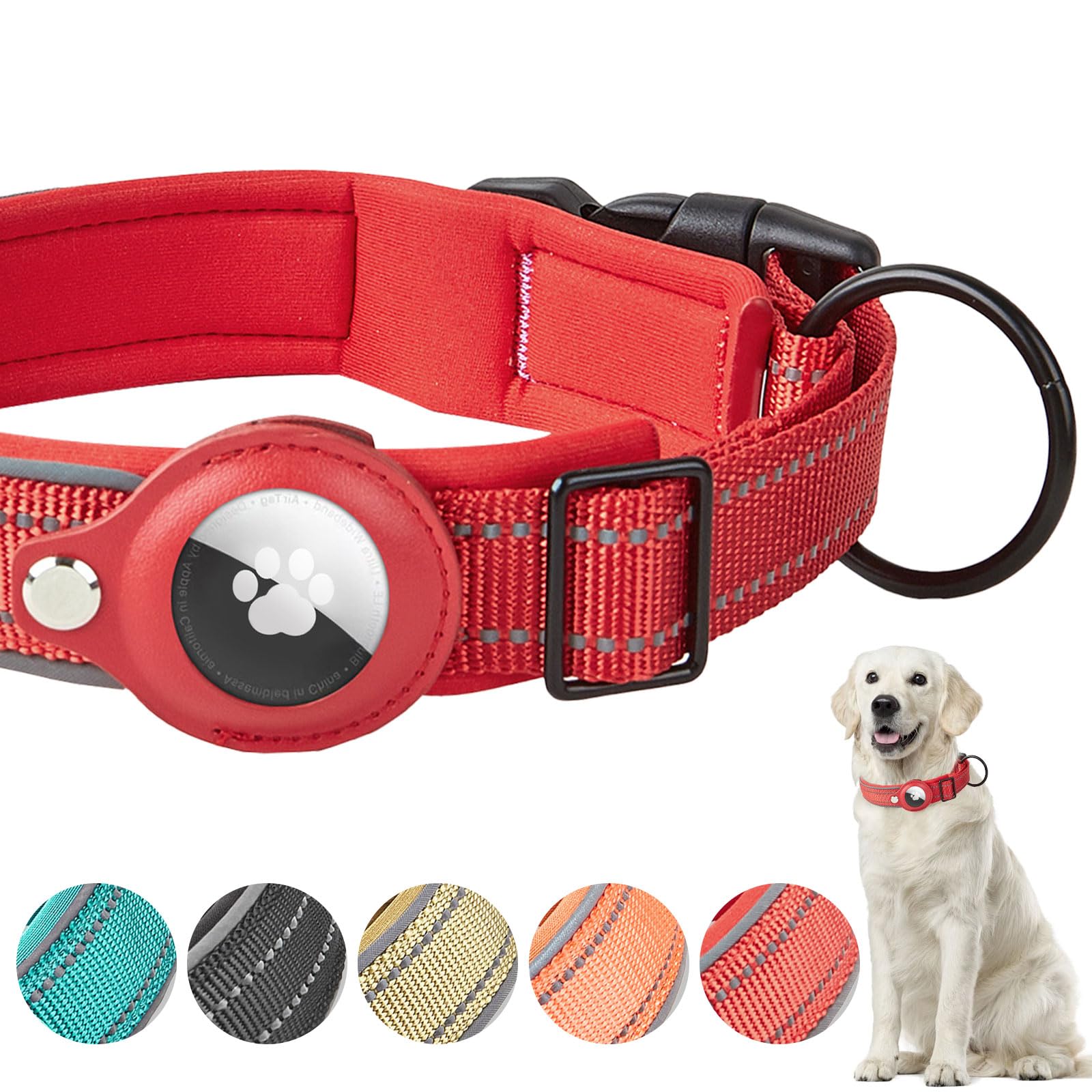 Boloshine Airtag Dog Collar, Adjustable Reflective Nylon Dog Collar, with Quick Release Buckle and Holder for Apple Air Tag, Durable Anti-lost Dog Collars for Small Medium Large Dogs (Red, M)