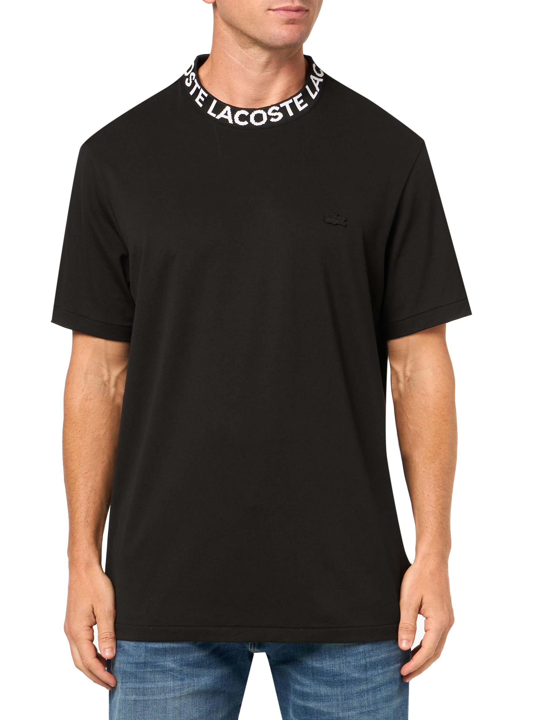 Lacoste Men’s Crew Neck Short Sleeve Regular Fit Branding T-Shirt, Black, X-Large