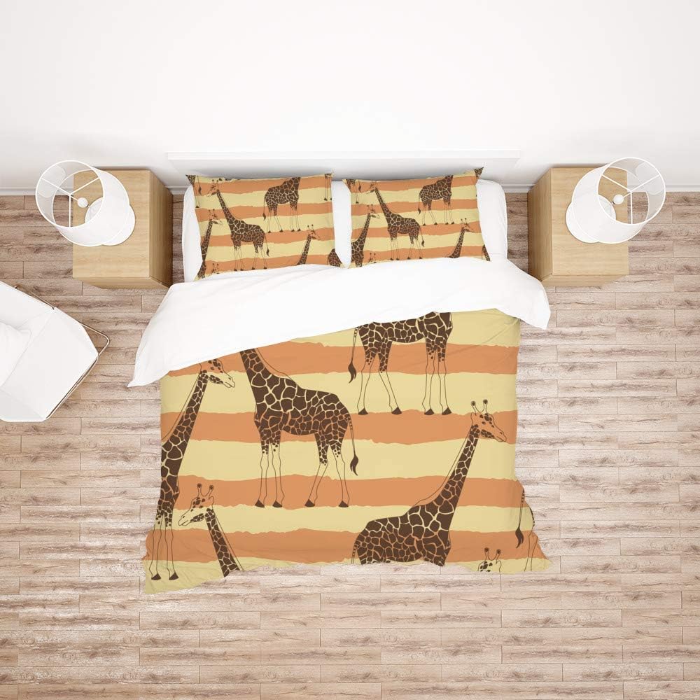 Lafle Duvet Cover with Pillowcase Giraffe and Stripes Polyester Bedding Set Full Size