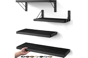 BAYKA Wall Mounted Floating Shelves, Wood Floating Wall Shelf for Books & Decor, Small Space-Saving Display & Organizer（Black，Set of 4）