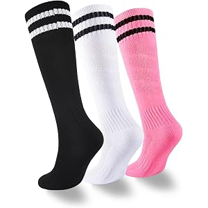 Kids Soccer Socks Boys Girls Cushioned Striped Knee High Athletic Socks